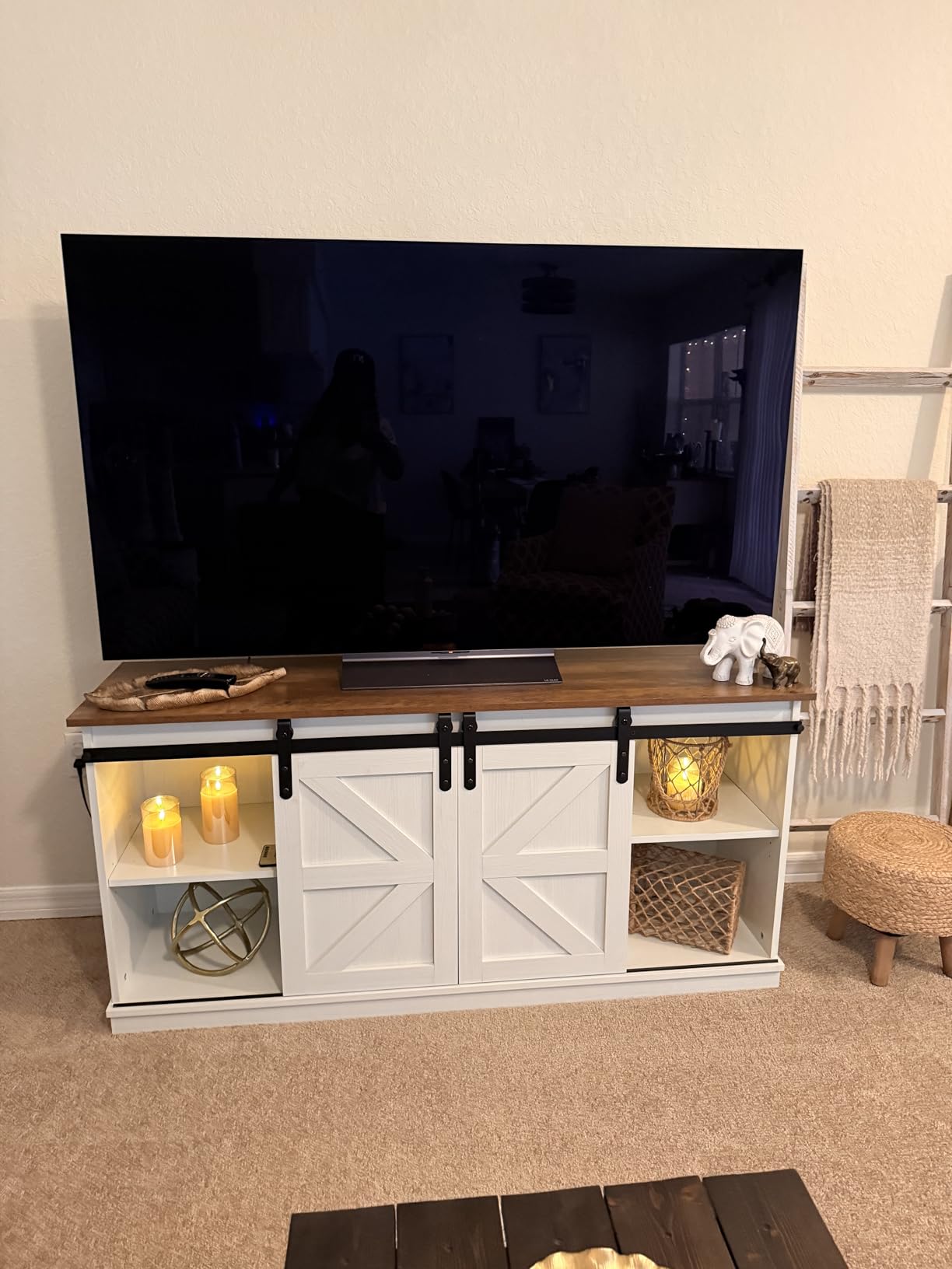 JUMMICO TV Stand for 65 Inch TV, Entertainment Center with Storage Cabinets and Sliding Barn Doors, Mid Century Modern Media TV Console Table for Living Room Bedroom (Bright White) customer photo 2