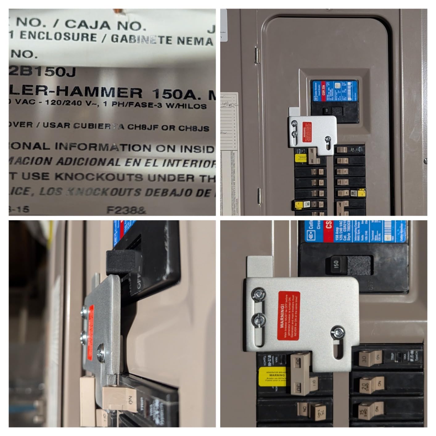 Generator Interlock Kit Compatible with Eaton or Cutler Hammer Vertical Throw CH Series 150 or 200 amp, 2 1/4