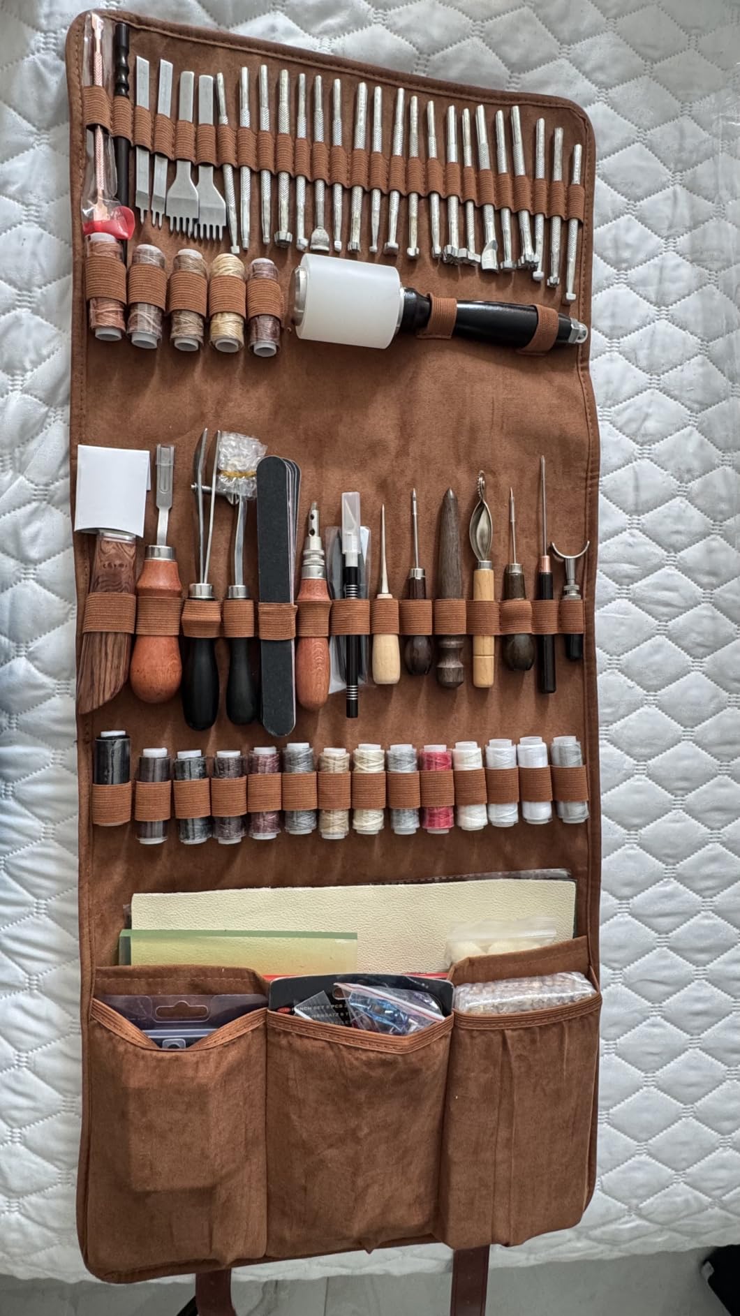 TLKKUE Leather Tooling Kit Leather Craft Tools Leatherworking Kit with Custom Handbag Cutting Mats Engraving Punching Sewing Stamping Sanding Tools for Handicraft Work Professional customer photo 1