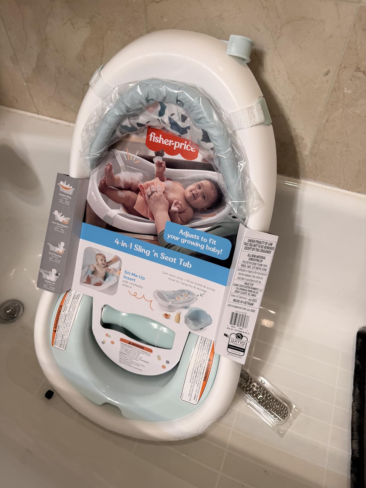 Fisher-Price Baby to Toddler Bath 4-in-1 Sling 'N Seat Tub with Removable Infant Support and 2 Toys, Pacific Pebble customer photo 1