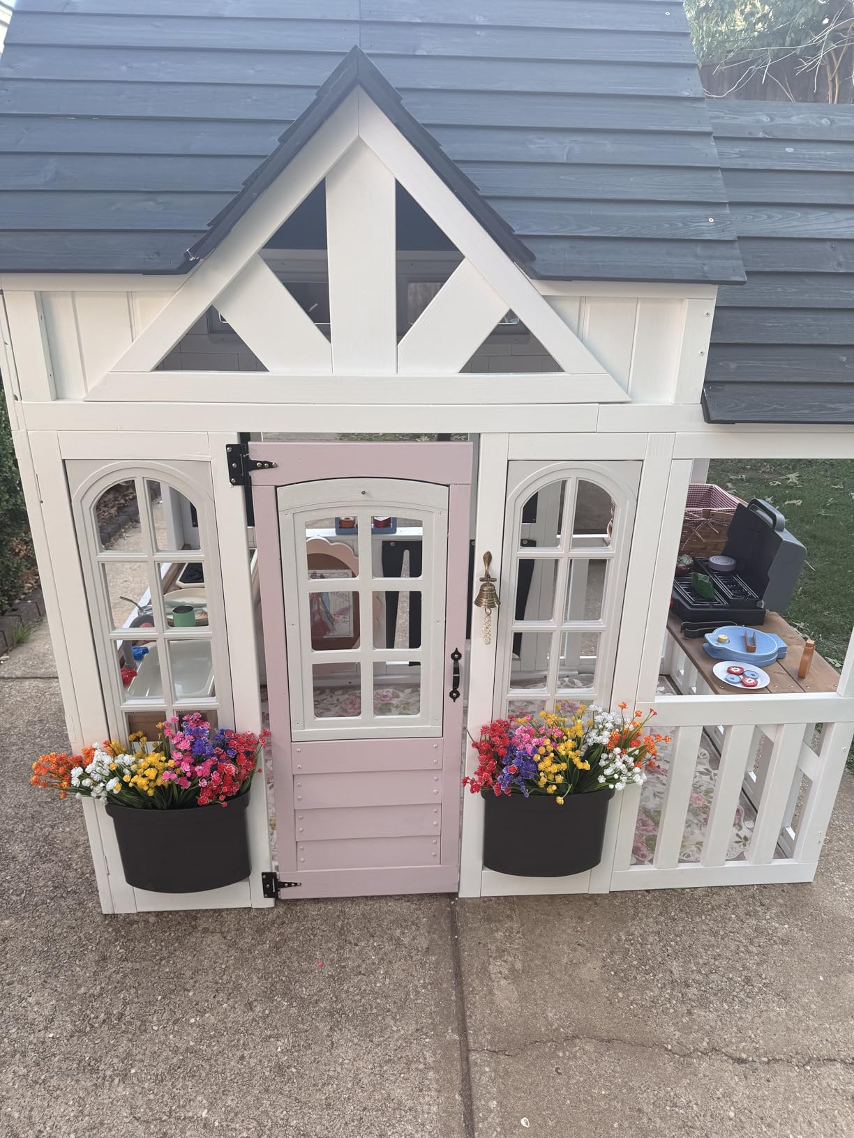 KidKraft Lantana Lane Wooden 6-ft. Tall Playhouse with Secret Door | White Wooden Outdoor House, Tall Enough for an Adult, BBQ Grill, Clock, Chalkboards, Planter Boxes customer photo 2
