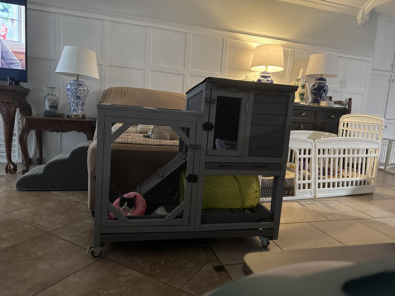 GUTINNEEN Duplex Rabbit Hutch Indoor with Chew-Proof Frame & 2 Leak-Proof Sliding Trays, Rain Cover, Wooden Guinea Pig Cages with Wheels - Grey customer photo 1