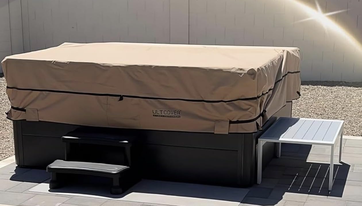 Qh.home IP65 Waterproof Hot Tub Cover, Wind & UV Resistant 1000D Polyester 85x85 Spa Cover for Hot Tub, with Ratchet Strap System, Fits 84x84,83x83,82x82,81x81,7 ft x 7 ft Square SPA,Wheat customer photo 1