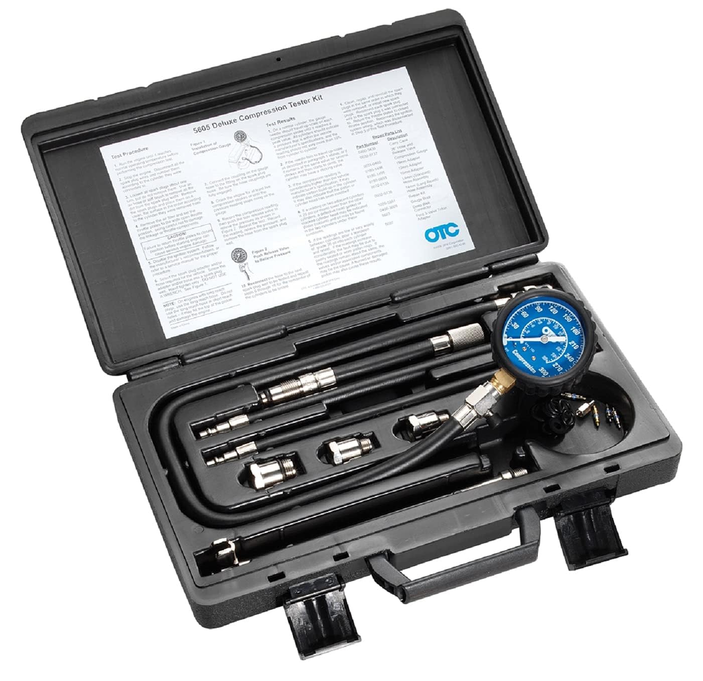 OTC 5605 Deluxe Compression Tester Kit for Gasoline Engines | Easy to Read 2-1/2