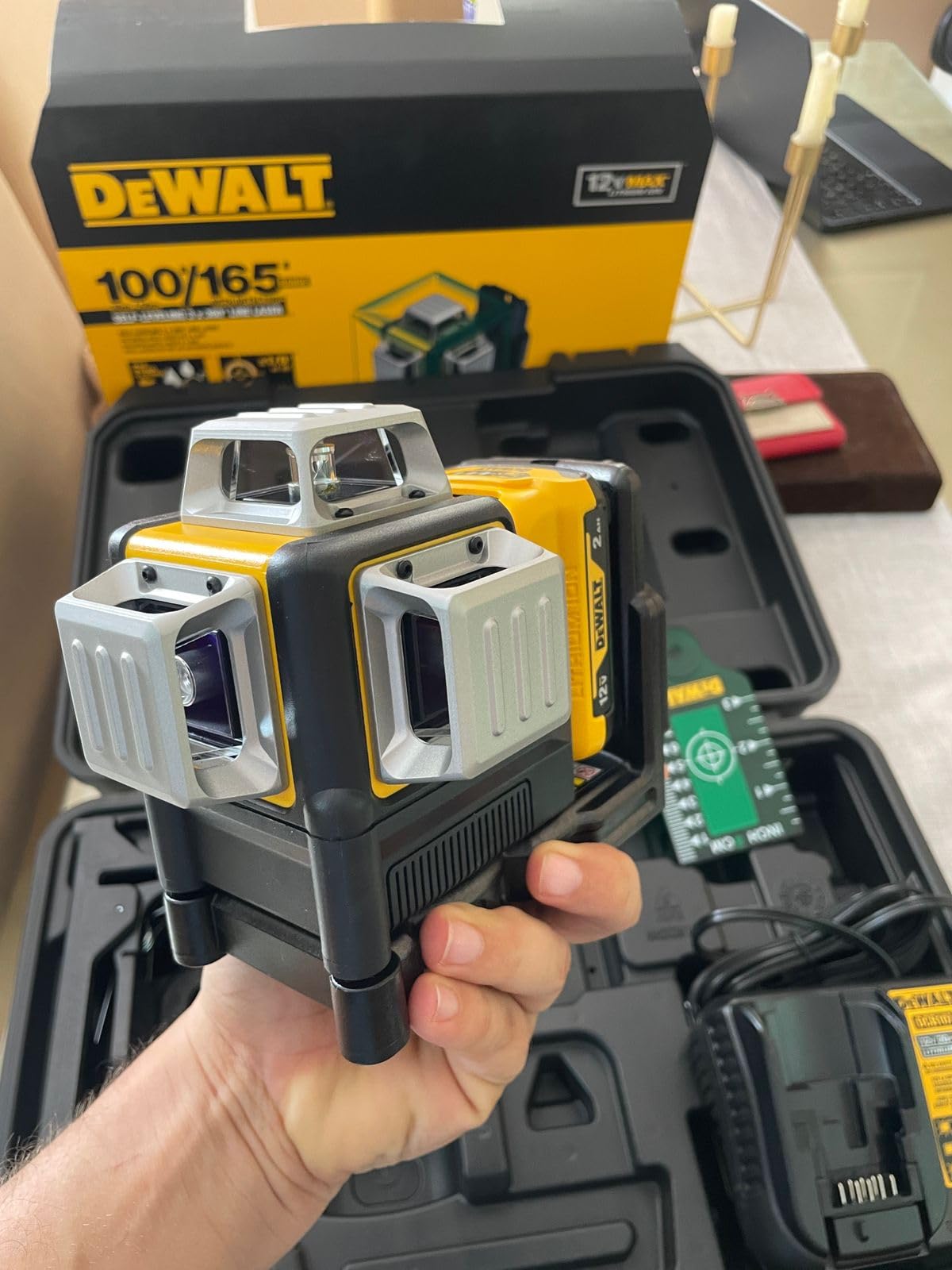 DEWALT Laser Level 360 Self Leveling, 3 Way Green Laser Leveler Tool 12V MAX with 2.0Ah Battery, Charger and Durable Carrying Case, 100 Ft, Tripod Compatible (DW089LG) customer photo 2