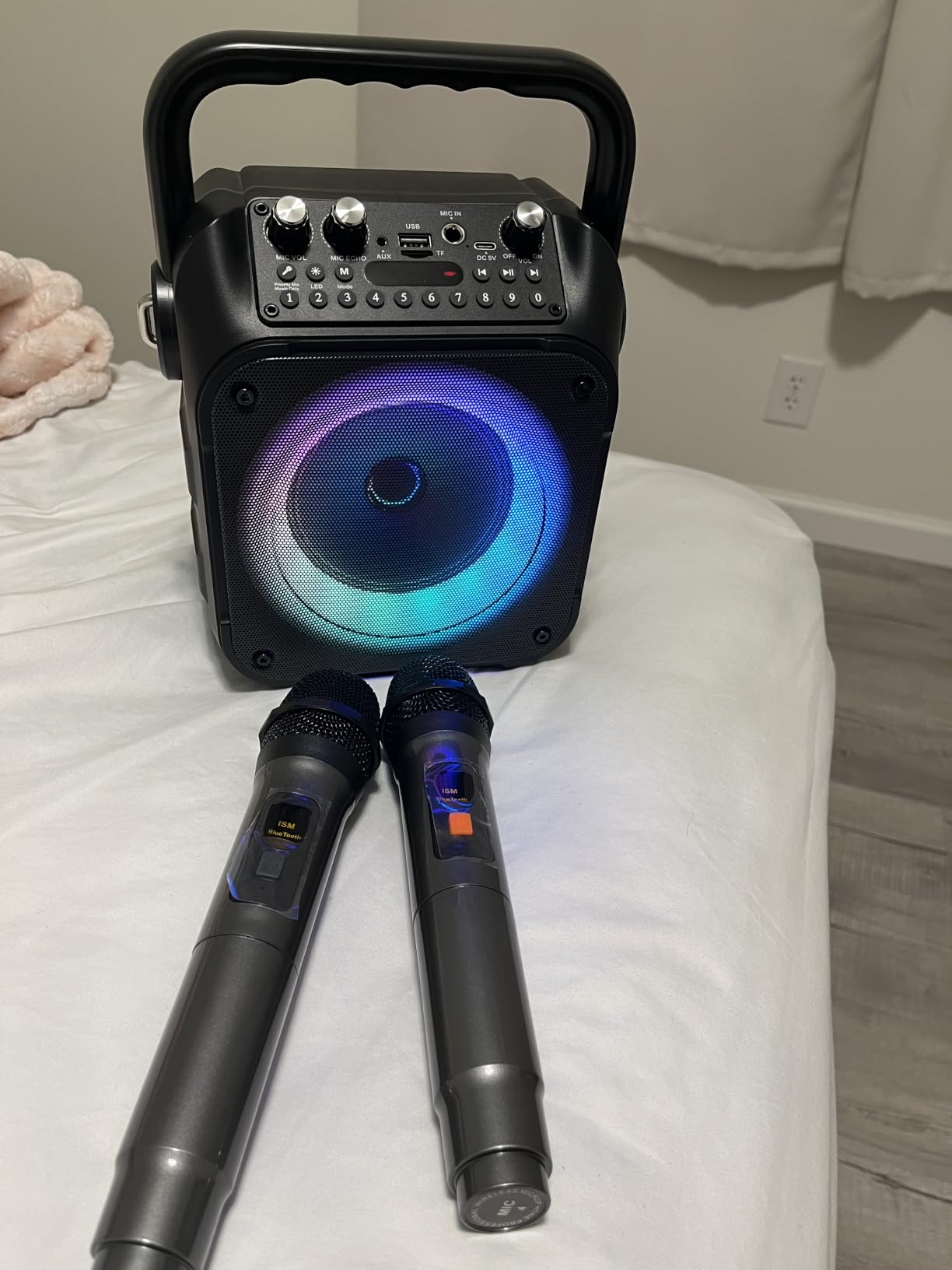 Karaoke Machine, Portable Bluetooth Speaker with 2 Wireless Microphones for Adults & Kids with Lights, Karaoke Microphone with PA System Supports USB/TF/REC/FM/AUX for Home Party Home System Packages customer photo 1