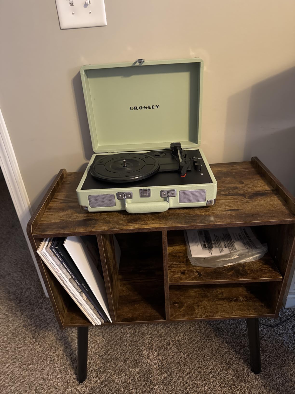 Record Player Table, Mid-Century Record Player Stand Hold Up to 150+ Albums | with Vinyl Storage Vinyl Record Cabinet with Adjustable Shelves, Wood Turntable Stand for Music Living Room (Brown) customer photo 2