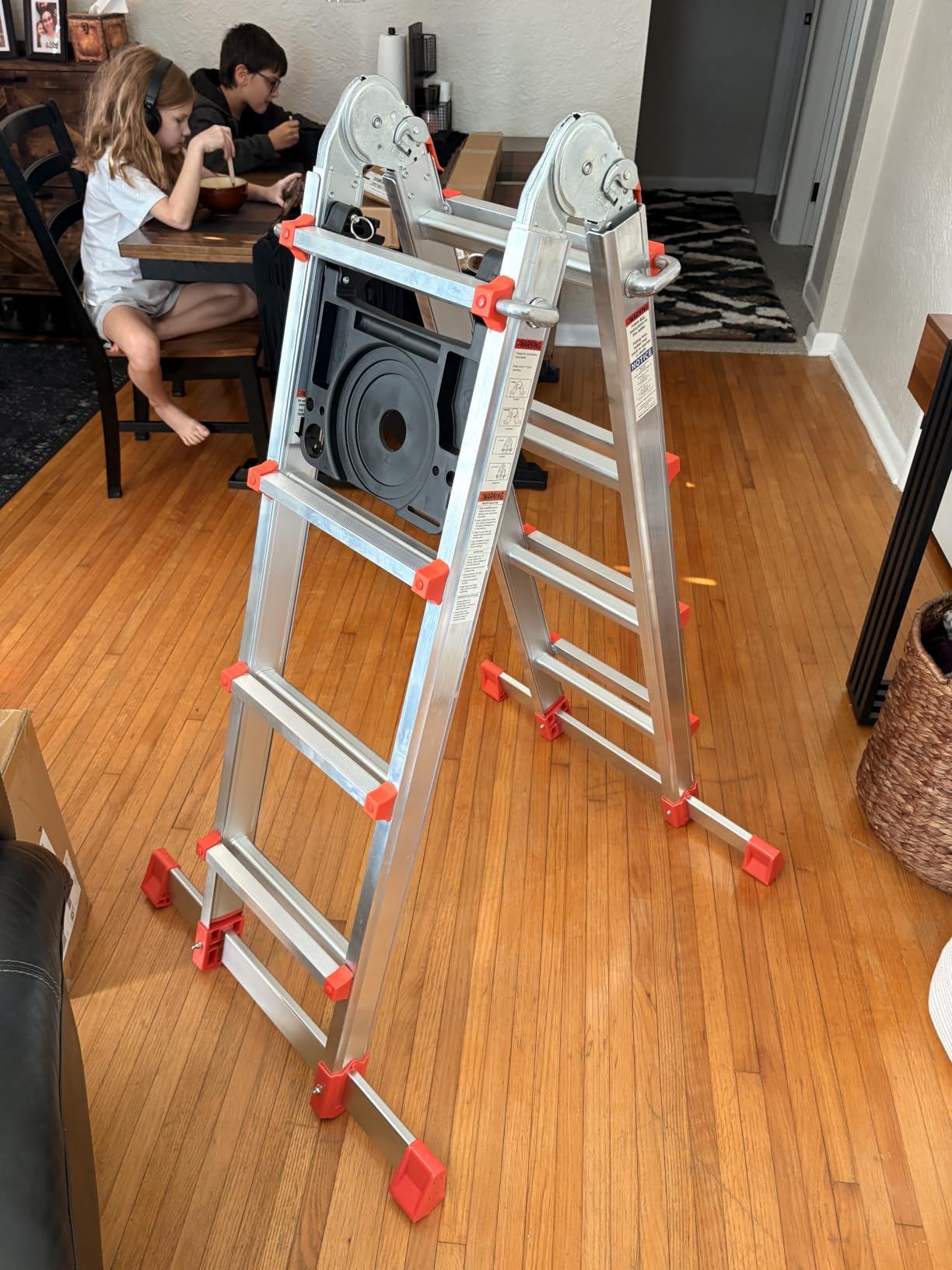 Soctone Ladder, A Frame Extension Ladder, 14 Ft Multi Position Ladder | 330 lbs Weight Rating Telescoping Ladder for Household or Outdoor Work, Multi Position with Stabilizer Bar, Orange customer photo 1