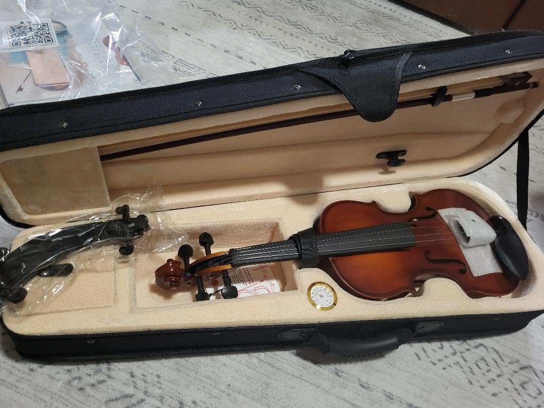 Kmise Violin 4/4 Full Set, High Density Ebony Violins, Glossy Acoustic Fiddle for Adults, Beginners, Students with Violin Case, Rosin, Strings, Bow, Shoulder Rest, Beginner's Guide (Ebony, 4/4) customer photo 1