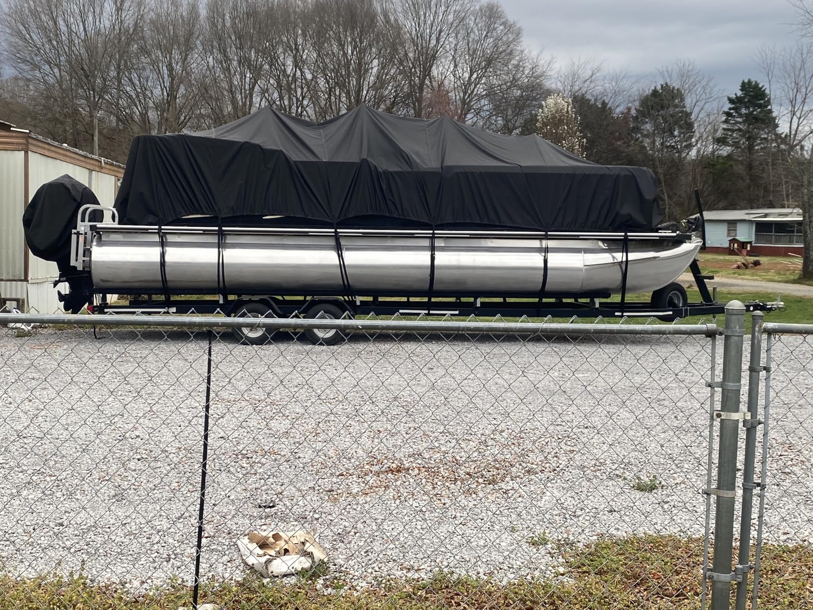 Pontoon Boat Cover 19-21 ft, 1200D Heavy Duty Waterproof Trailerable Cover for Pontoon Boats Up to 8.5 ft Beam, 14 Straps, Elastic Hem & Outboard Motor Cover, Gray customer photo 2